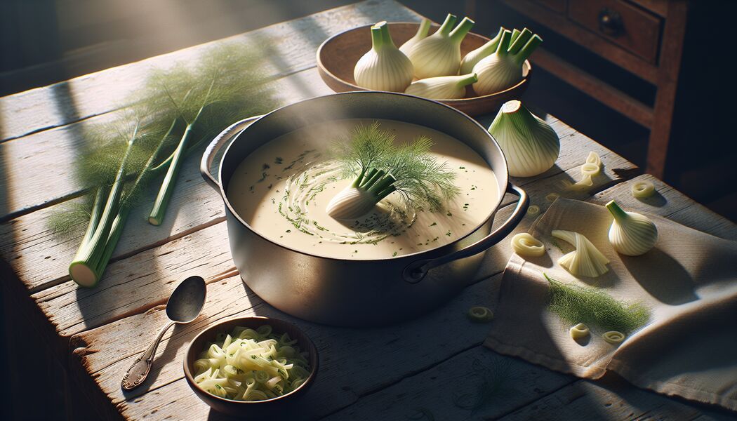 Gemüsebrühe einfüllen und köcheln lassen - Fenchel Suppe Rezept – Cremig & Wohltuend